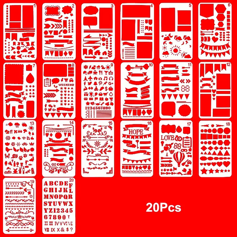 20Pcs 10.16x17.78 cm Reusable Durable Plastic Pattern Stencil Templates for Journaling, Planning, Scrapbooking, and Decoration | DIY Decorative Drawing Stencils for Notebooks & Crafts, Scrapbooking Tool