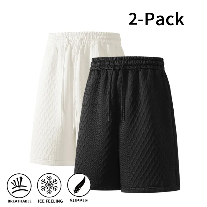Summer 2-Pack Mixed Color Knitted Shorts for Men, Cool-Touch Soft Breathable Shorts, Textured Knit Drawstring Shorts for Gym & Everyday Wear
