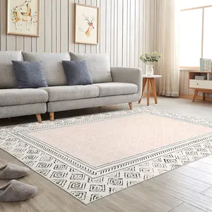 GARVEE 8x10 Large Area Rug, Modern Bordered Accent Rug for Bedroom, Washable Living Room Rug, Ultra-Thin Soft Front Door Mat, Non Slip Low Pile Home Decor Carpet, Non Shedding Kitchen Rug, Beige/Camel