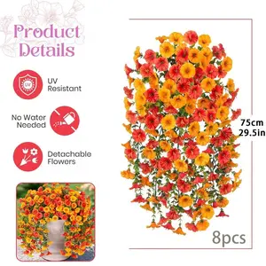 8-Piece Artificial Hanging Flowers, UV-Resistant Fake Morning Glory with Eucalyptus Leaves, Outdoor Home Garden Floral Decor
