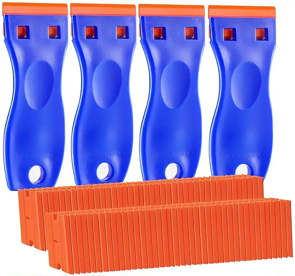 Plastic Razor Blade Scraper Set (4 Scrapers + 120 Blades) - Home Improvement Cleaning Tool for Adhesive, Stickers, Glass Surfaces