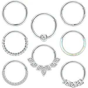FIBO STEEL 8 Pcs 316L Stainless Steel Septum Nose Rings Set for Women 16G 18G Cubic Zirconia Opal Hinged Daith Earrings Rook Tragus Piercing Jewelry