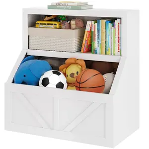 【GARVEE】2 Tier Toy Organizer and Bookshelf with Storage Cabinet, White - Toddler 2 Shelf Bookcase for Playroom, Bedroom, Living Room, Classroom - Kids Storage Solution