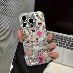 All-Over Rhinestone & Pearl Pattern Phone Case for iPhone 17/16/15/14/13/12/11 Pro Max/Pro/Plus/Air  and all series- TPU+PET Composite, Metallic Ink, Scratch-Resistant, Protective Cover