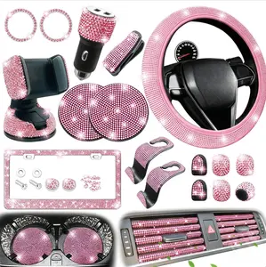 27 Piece Pink Car Accessories Set for Women, Steering Wheel Cover License Plate Frame Phone Holder Fast Charger Coasters