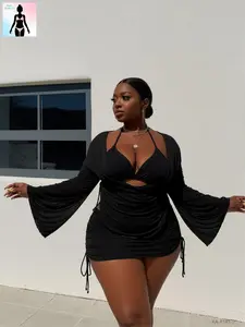 2026 Trendy Plus Size 3-Piece Solid Black Bikini Set with Long Sleeve Mesh Cover Up. Ruched Halter One-Piece Swimsuit with Flattering Tummy Control Plus Size Curve-Conscious Women’s Sexy, Chic Swimwear — A Must-Have for Spring Break, Summer Vacations, Bea