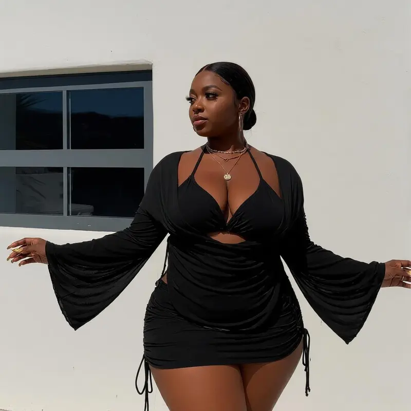 Women's Plus Size Plain 3-Piece Black Swimdress Skirts Set - 4XL Ruched Halter Tummy Control Bathing Suit, Long Sleeve Quick-Dry Breathable Mesh Cover Up, High-Stretch Curve-Friendly 2026 Swimwear for Pool Party