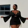 Women's Plus Size Plain 3-Piece Black Swimdress Skirts Set - 4XL Ruched Halter Tummy Control Bathing Suit, Long Sleeve Quick-Dry Breathable Mesh Cover Up, High-Stretch Curve-Friendly 2026 Swimwear for Pool Party