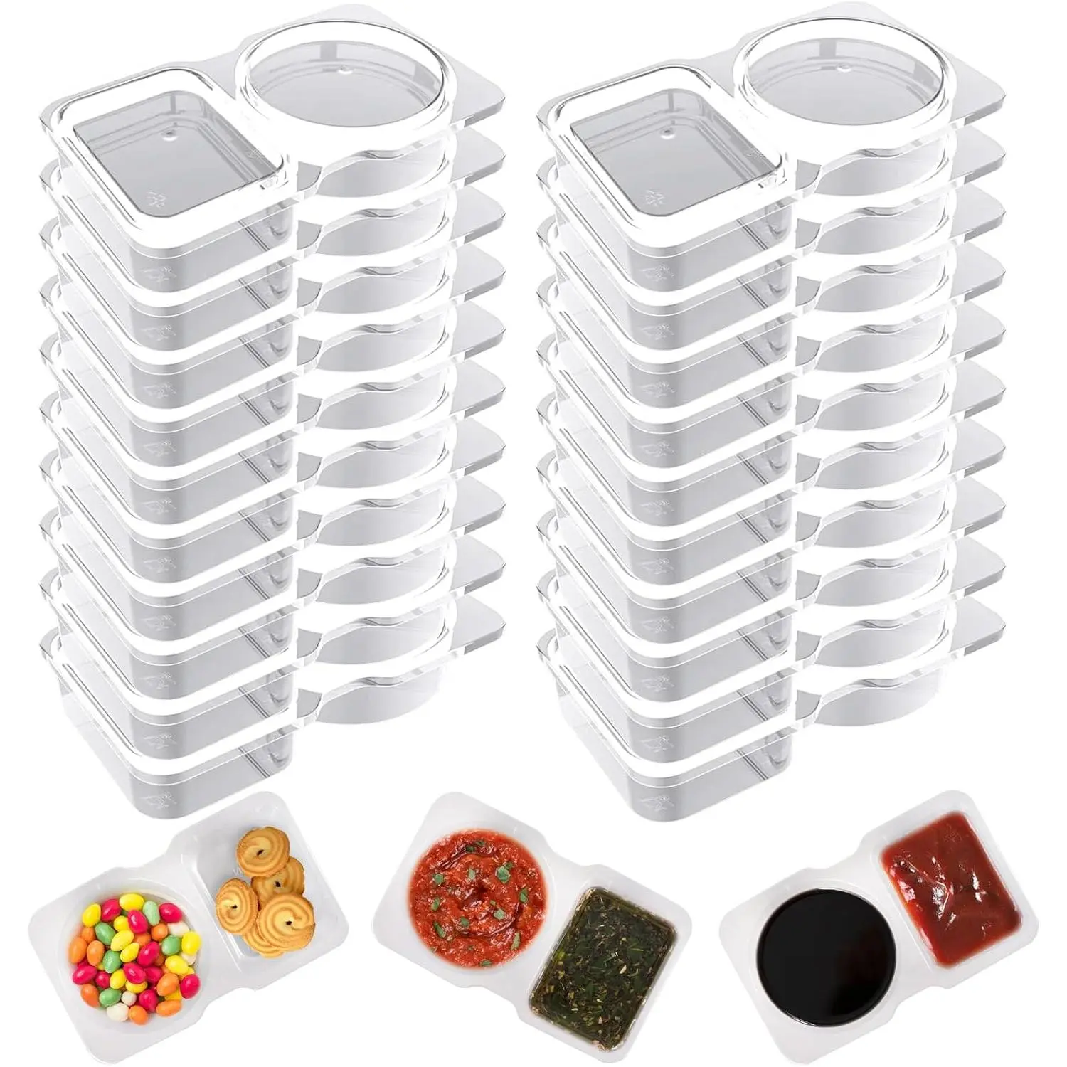 20 Pcs Double Compartment Condiment Container, Reusable Snack Containers, Condiment Containers with Lids, Sauce Containers for Snacks, Dips, Takeout, Travel and Outdoor Camping