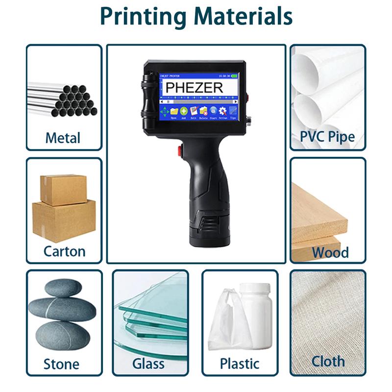 Phezer P15 Smart Touchscreen Handheld Inkjet Coder | High Adhesion PS100 Black Ink (0.5 Inch/12.7mm) | 600DPI Portable Printer for Metal, Glass, Plastic. Prints Date, Batch Code, QR, and Barcode Cloth Printing