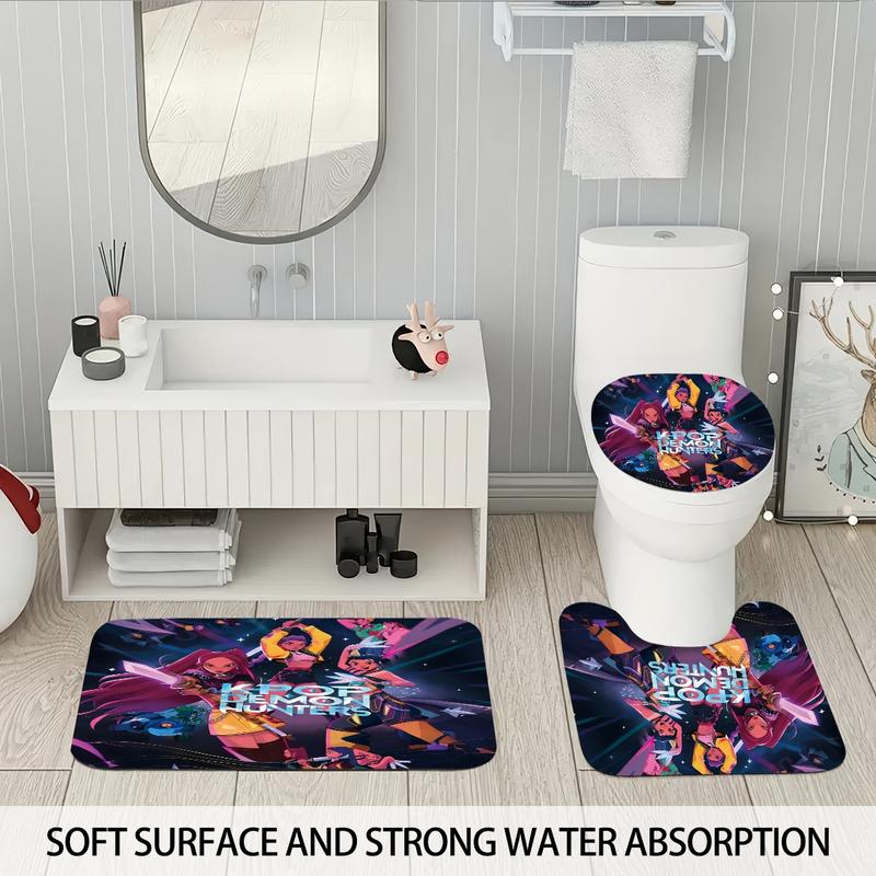 K-POP Demon Hunters Bathroom Set, Including Shower Curtain with 12 Hooks, Non-Slip Bath Rug, U-Shaped Toilet Mat, Toilet Lid Cover, Bathroom Decoration Accessories