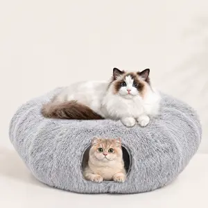 Indoor Cat Tunnel & Bed Combo, Soft Plush Donut Cave Cat Bed with Peekaboo Play Tunnel, Cozy Hideaway Rest & Play Space for Cats, Kittens, Rabbits, Indoor Pet Lounger, Plush Comfort Design
