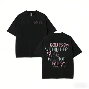 230g Washed Cotton T-Shirt - Dual-Sided Inspirational Design "GOD IS WITHIN HER SHE WILL NOT FALL" & Psalm 46:5, Retro Vintage Loose Fit Unisex Top for Men & Women, Spring Summer Casual Wear