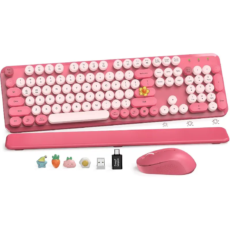SABLUTE CK23 Series Cute Wireless Office Keyboard and Comfy Mouse Combo, Full-Size Retro Typewriter Round Keys, Detachable Magnetic Wrist Rest, Tilt Legs, 2.4GHz Cordless, USB Receiver, Auto-Sleep Mode for Girls Teens, Mac, Windows PC : Electronics