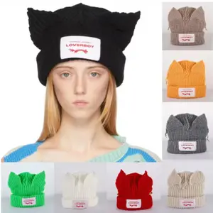 Loverboy Cat Ear Knit Hat solid Warm Pig Ear Woolen Hat Cute Fashion Hooded Cap Niche Design Hip-hop Personality Cold Hat