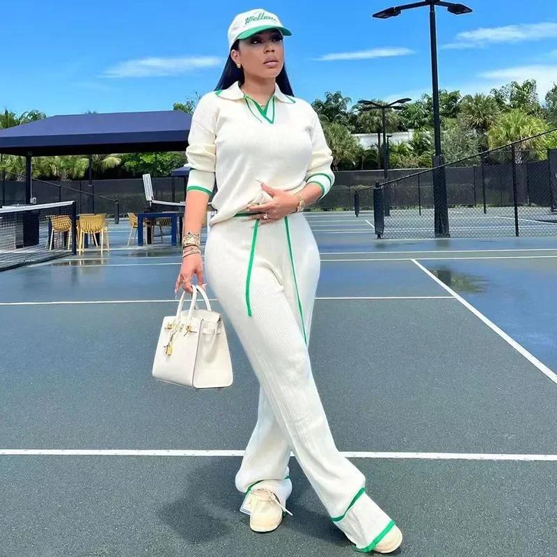 two-piece set woman Autumn Winter Knitting Casual Tracksuit for Women Two Piece Set Sportwear Striped Sweater Top and Wide Leg Pants Jogging Femme Clothes Fitted Womenswear Check Light