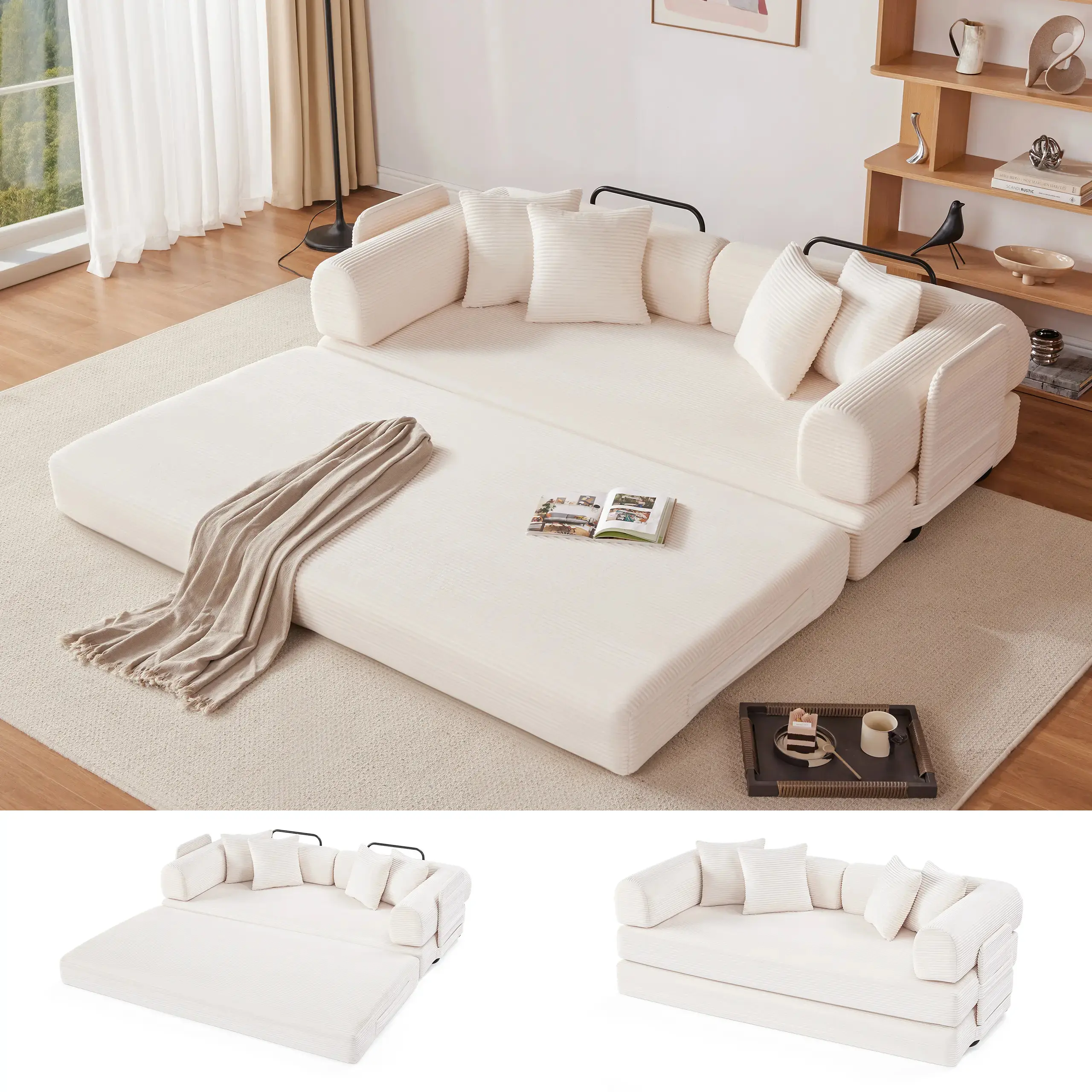 Huge Classic 79-118" Convertible Sleeper Sofa Bed with 4 Pillows, 5-in-1 Corduroy Futon Couch for Small Spaces, Boneless Couch Floor Modular Sofa with Fixed-Shape Frame, For Guest Bed & Kids Play Area with Washable Cover,teddy sofa for Adults,No-Assembly