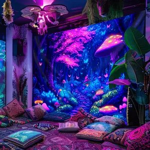 1pc Mysterious Jungle Mushroom UV Black Light Tapestry, Large Size Peach Skin Fluorescent Tapestry, Bedroom Aesthetic Hanging Tapestry for Party Festival, Bedroom Office Living Room Home Decor, Wall Decoration with Free Accessories