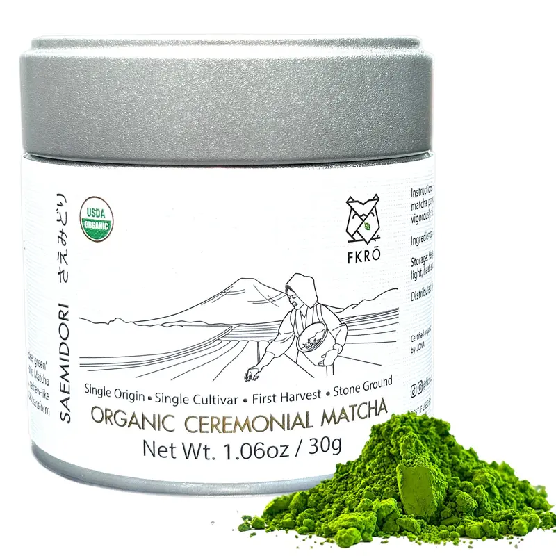 FKRO Saemidori Organic Ceremonial Matcha Powder - Single Cultivar, Air Flown Monthly from Japan, Smooth & Umami Traditional Green Tea, 30g Tin