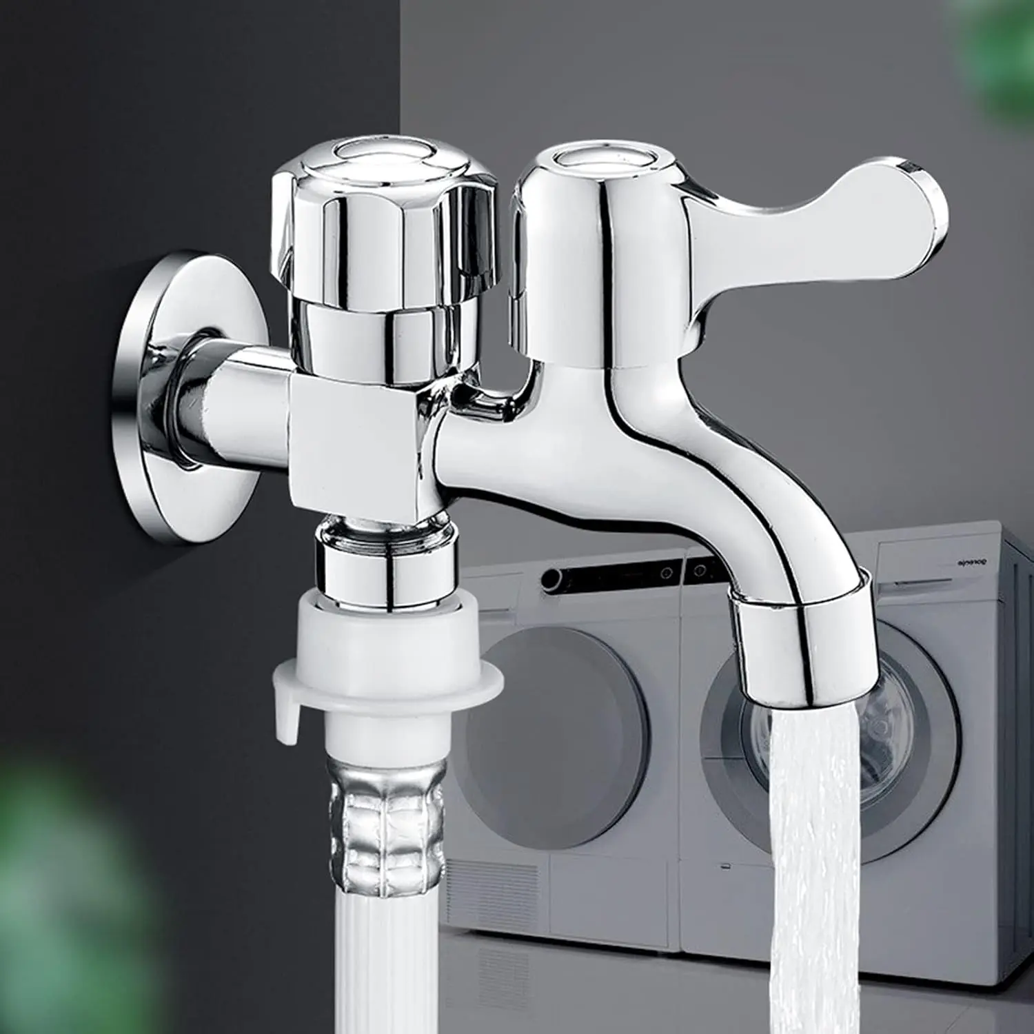 1 In 2 Out Washing Machine Faucet with Auto Water Stop Valve, Dual Outlet Dual Control Tap, 1 to 2 Water Splitter Adapter, Standard 3/4-Point Connection, Anti-Leak Heavy Duty Single Cold Water Tap for Laundry Room