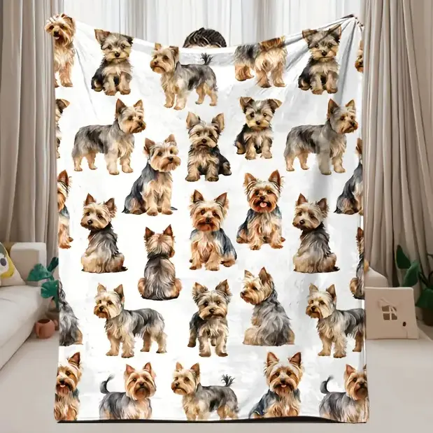 Yorkie Dog Pattern Blanket, Soft Flannel Throw, Cute Watercolor Yorkie Print Nap Blanket, Warm Cozy Bedroom Couch Blanket, Popular Decorative Blanket, Giftable Blanket for Yorkshire Terrier Lovers