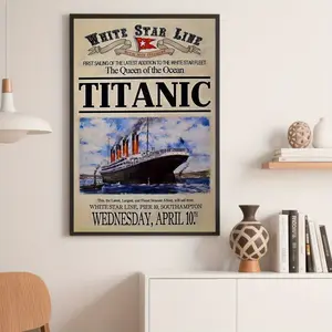 2D Frameless Canvas Painting, Titanic Movie Canvas Wall Art Print - Vintage RMS Titanic Poster, White Star Line Design, Departure Date April 10, 1912, Historical Maritime Decoration Suitable for Living Room, Bedroom, Office - Perfect Gift for Movie Fans,