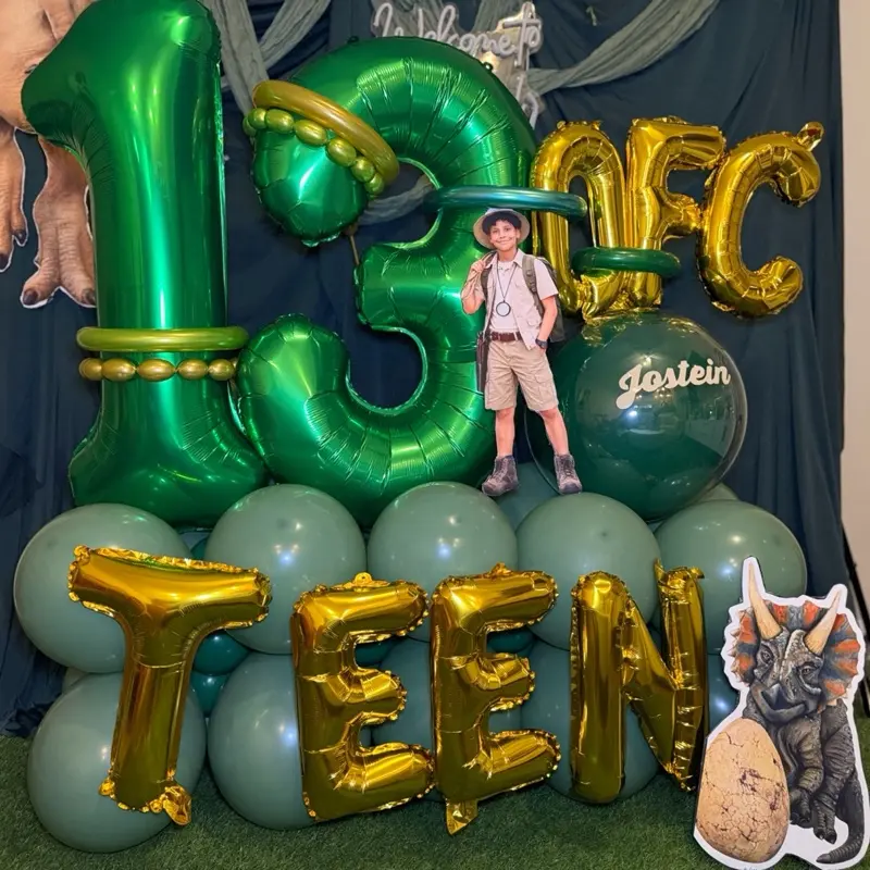 13th Birthday Party Decorations Green & Gold Balloons with "TEEN" Letters and Dinosaur Theme for Kids Celebration