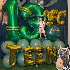 13th Birthday Party Decorations Green & Gold Balloons with "TEEN" Letters and Dinosaur Theme for Kids Celebration