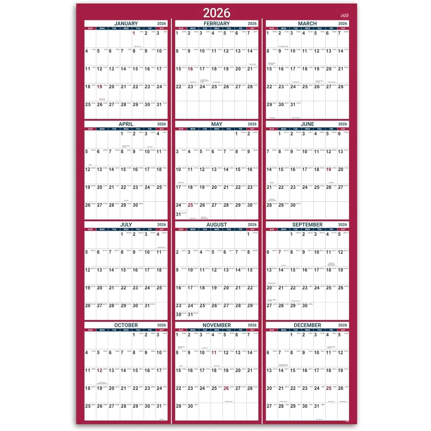2026 Yearly Wall Calendar - 2026 Calendar, Jan 2026 - Dec 2026, 34.4" x 22.8"(Open), Yearly Wall Calendar 2026, Vertical Layout, Double-Sided Round Stickers, Large Calendar- Red