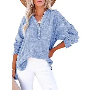 Womens Casual Button V Neck Long Sleeve Shirts Oversized Solid Blouses Tops Fashion Fit