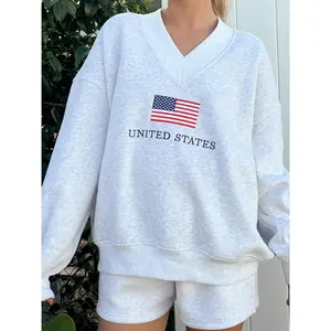 Pearl Grey United States Flag Embroider V-Neck Sweatshirt