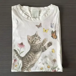 Vintage Cute Kitten Butterfly 90s Graphic Tshirt, Retro Cottagecore Spring Flowers Unisex Shirt