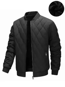 Men's Solid Color Quilted Zip Up Jacket, Loose Casual Long Sleeve Mock Neck Outerwear for Fall & Winter, Casual Jacket, Men's Clothing, Men's  Quilted Jacket Clothes for Daily Wear, Coats