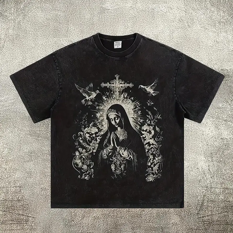 Percent Cotton Heavy Weight Washed Black Short Sleeve Religious Trendy T Shirt Virgin Mary Pattern with Cross Tee