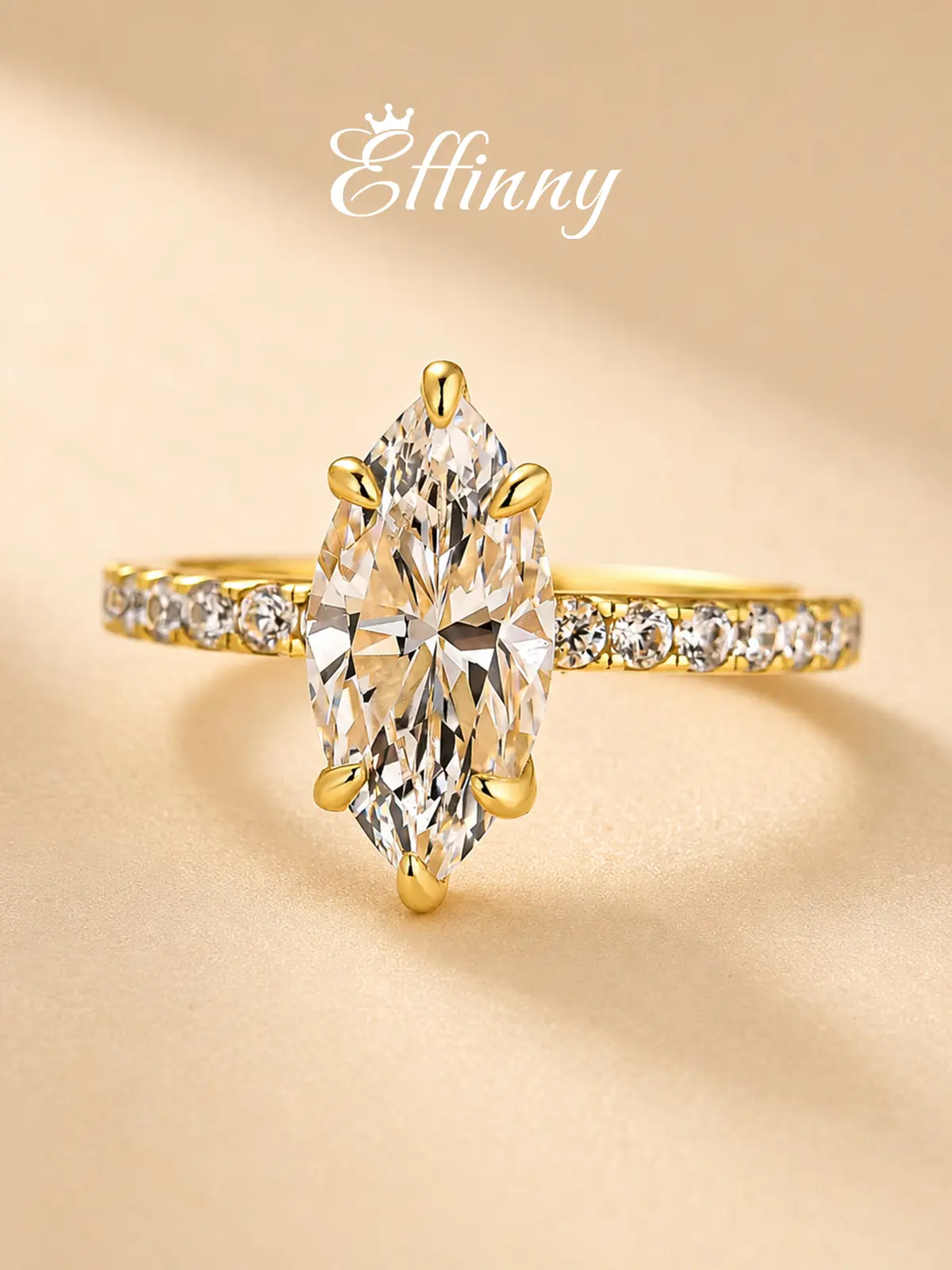 EffInny 925 Sterling Silver 2.0ct Marquise Cut 14K Golde Plated Engagement Ring with Half Eternity Band,  5A CZ Elegant Causal Anniversary Ring, Bridal Statement Jewelry for Travel, Wedding, Party
