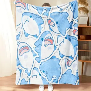 1 Piece Cute Shark Blanket Super Soft Flannel All Season Bed Cover with Smiling Shark Pattern Blue White Gray Bedding Sofa Camping Throw Blanket Machine Washable Comfortable Gift