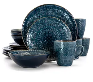 Elama Deep Sea Mozaic 16-Piece Round Stoneware Dinnerware Set Elama Deep Sea Mozaic 16-Piece Round Stoneware Dinnerware Set
