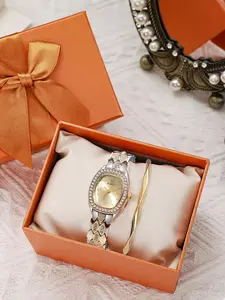 2-piece set of simple, casual, and fashionable oval alloy steel bracelet with diamond-embellished ladies' quartz watch set