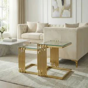 Modern 2-Piece Nesting Coffee Table Set with Tempered Glass Tops and Mirror-Finish Gold Stainless Steel Frames for the Living Room