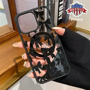 Black bow tie Pattern Magnetic Phone Case Supports Wireless Charging for iPhone 15 16 14 Pro Max 13 12 11 XR XS Plus E Shockproof Non Slip Protection Silicone Transparent Acrylic Cover Cellphone Protective