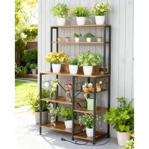 YJ-Garvee 4-Tier Bakers Rack with Power Outlet - Kitchen Storage Shelf and Microwave Stand - Includes 5 S Hooks - Metal & Wood Organizer for Spices, Pots, Coffee Bar Table - 35x60 Inch