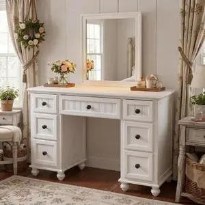 [Bellemave]48" Solid Pine Wood Vanity Desk with Mirror, Farmhouse Distressed White Dressing Table with 7 Textured Drawers, Vintage Chic Makeup Vanity for Bedroom, Antique White