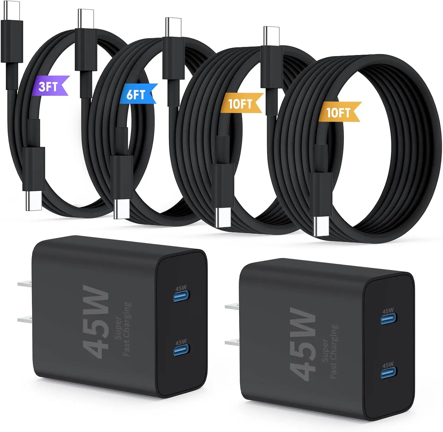 Super Fast  Charger Type C,45W Dual Port USB C Fast Charger Block [2-Pack] & Extra Long 60W 3/6/10/10FT USB C  - PD Quick  3.0 For  Galaxy S25 Ultra/S24+/S23  16