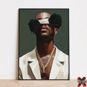 Black Man Wall Art – Printable Black Rose Poster, Luxury Floral Print, Hypebeast Male Decor, Blind in Love Artwork, Boyfriend Gift, Unframed