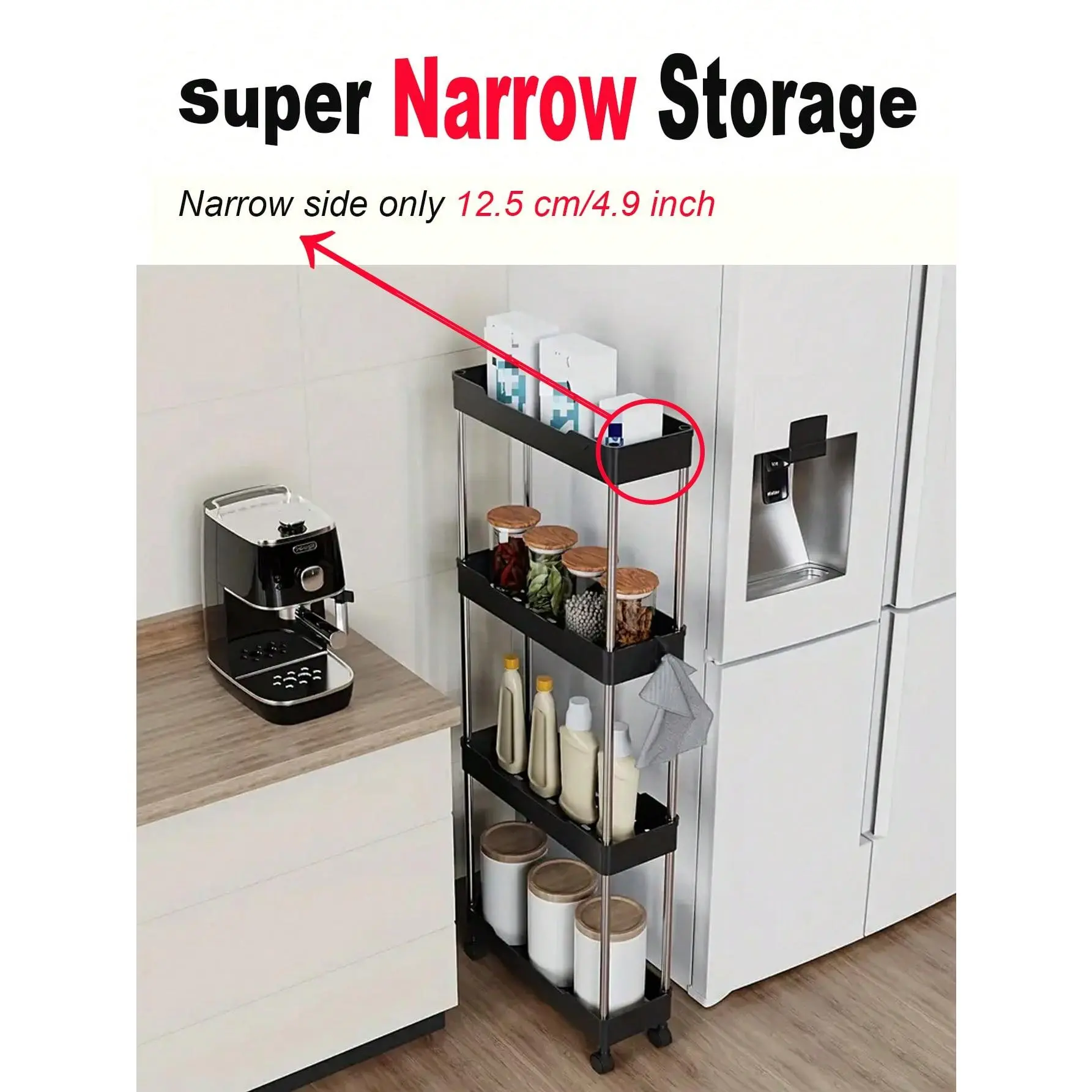 1pc,3/4-Tier Rolling Utility Narrow Cart With Wheels,Multi-Layer Floor-Standing Cart Storage Shelf, Bathroom Organizer,Suitable For Bathroom, Living Room, Kitchen And Other Narrow Gaps For Storage. Outdoor Decor