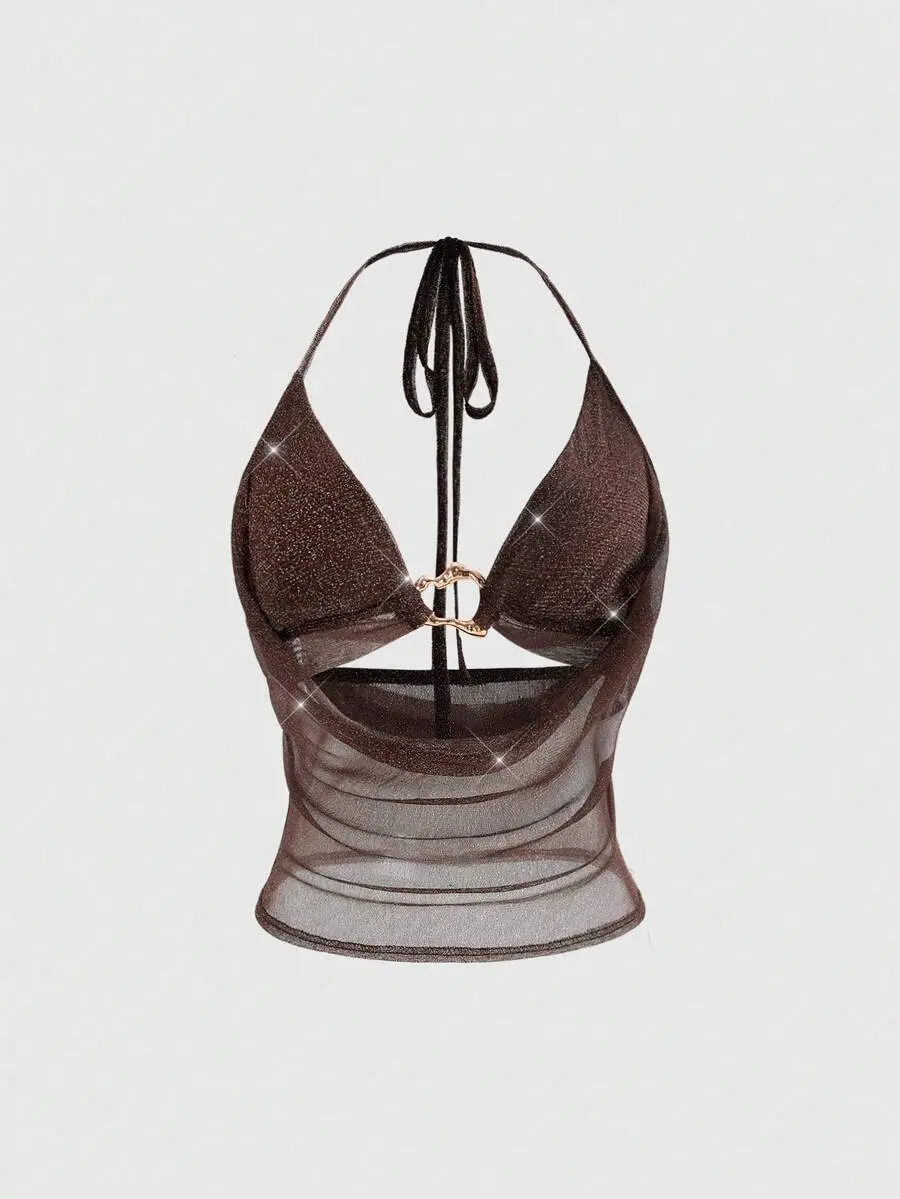 PULSE x Avant Women Spring Summer Beach Party Sexy 2 In 1 Asymmetric Golden Ring Draped Cowl Neck Glitter Mesh Cami Tops