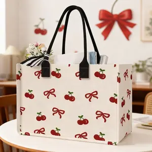 Large Capacity Storage Bag with Cherry Bow Print, Durable Handles, Space-Saving Multi-Purpose Organizer for School Travel Shopping