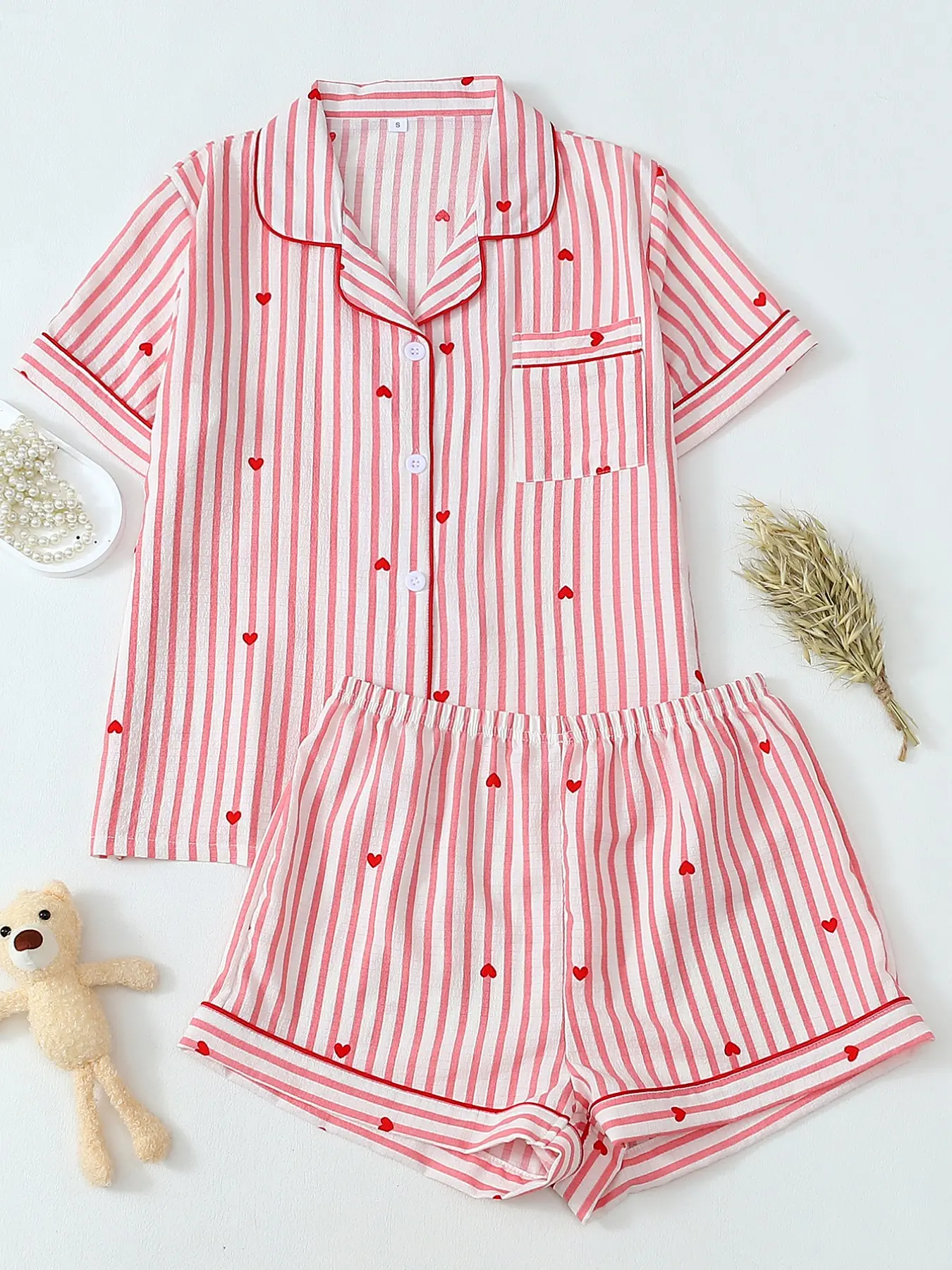 Valentine Striped Heart Print Short Sleeve Shorts Set, Pajama Set, casual pyjama set, Cute Sleepwear, All Seasons Home Wear, Adorable Loungewear