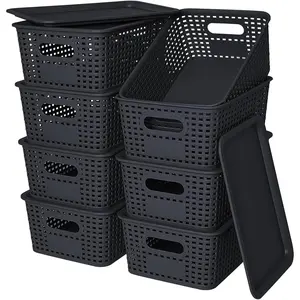 Plastic Storage Baskets with Lid-Plastic Storage Containers Stackable Storage bins: Storage Baskets for Organizing Shelves Drawers Desktop Closet Playroom Classroom Office, 8Pack-Black10.2x7.2x4.1Inch