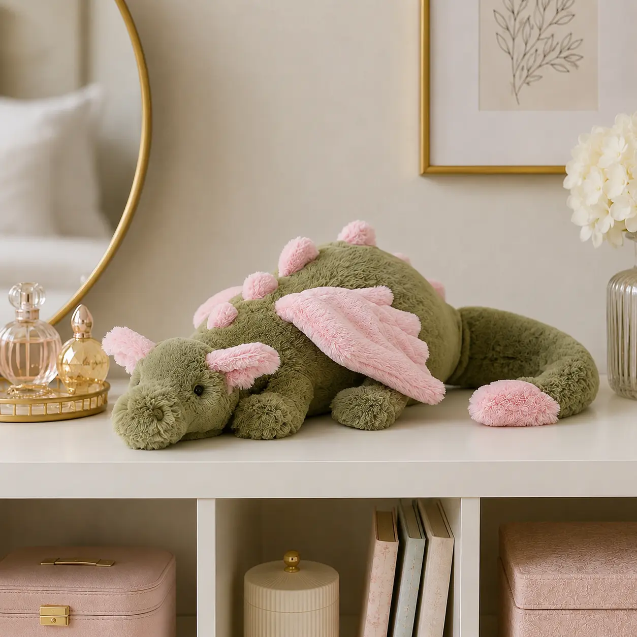 Jellycat's 50cm long green and pink dragon plush toy, a soft bedtime companion, perfect as a birthday gift.